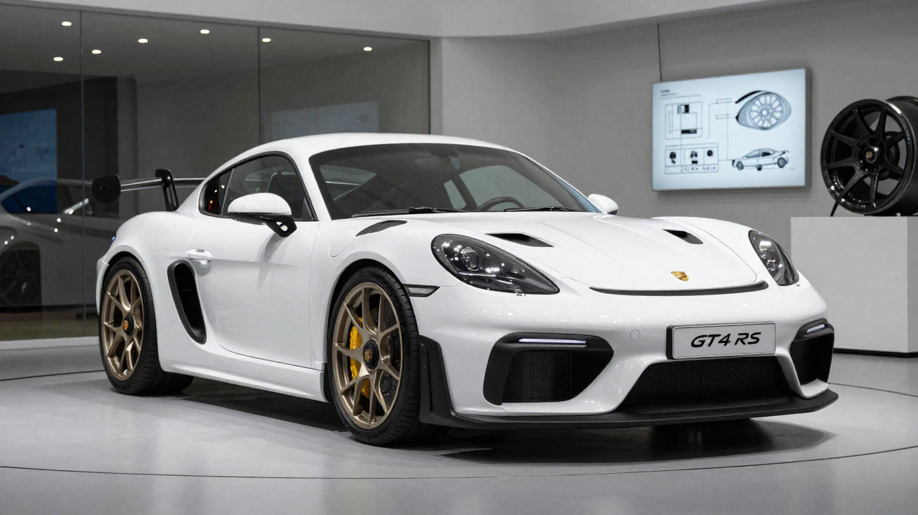 Carro desportivo branco Porsche GT4 RS estacionado numa sala de exposição moderna e luminosa.