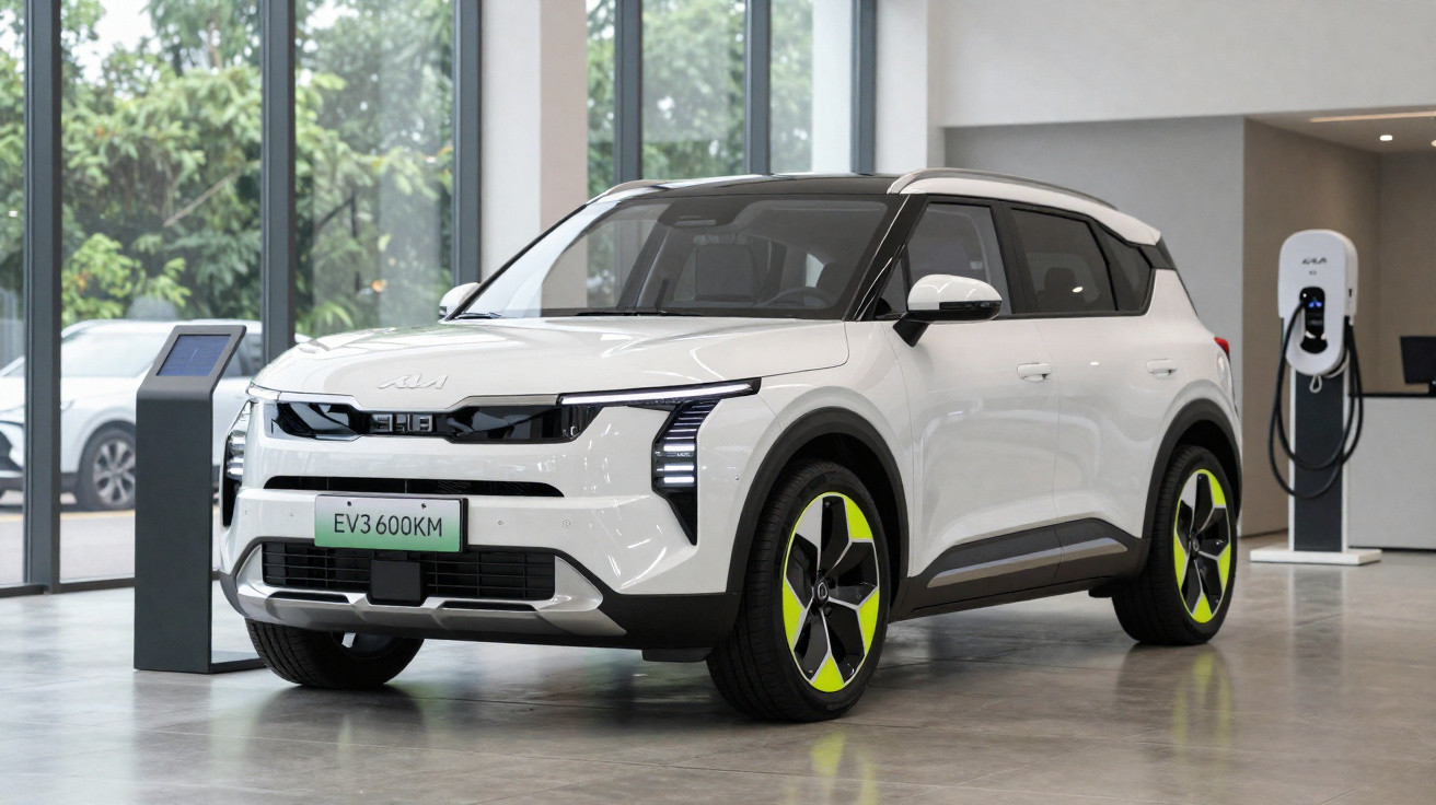 SUV elétrico branco Kia EV3 600KM em exposição num salão moderno com estação de carregamento.