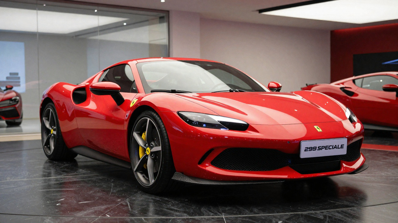 Ferrari 292 speciale vermelha em exposição interior com jantes prata e chassis baixo.
