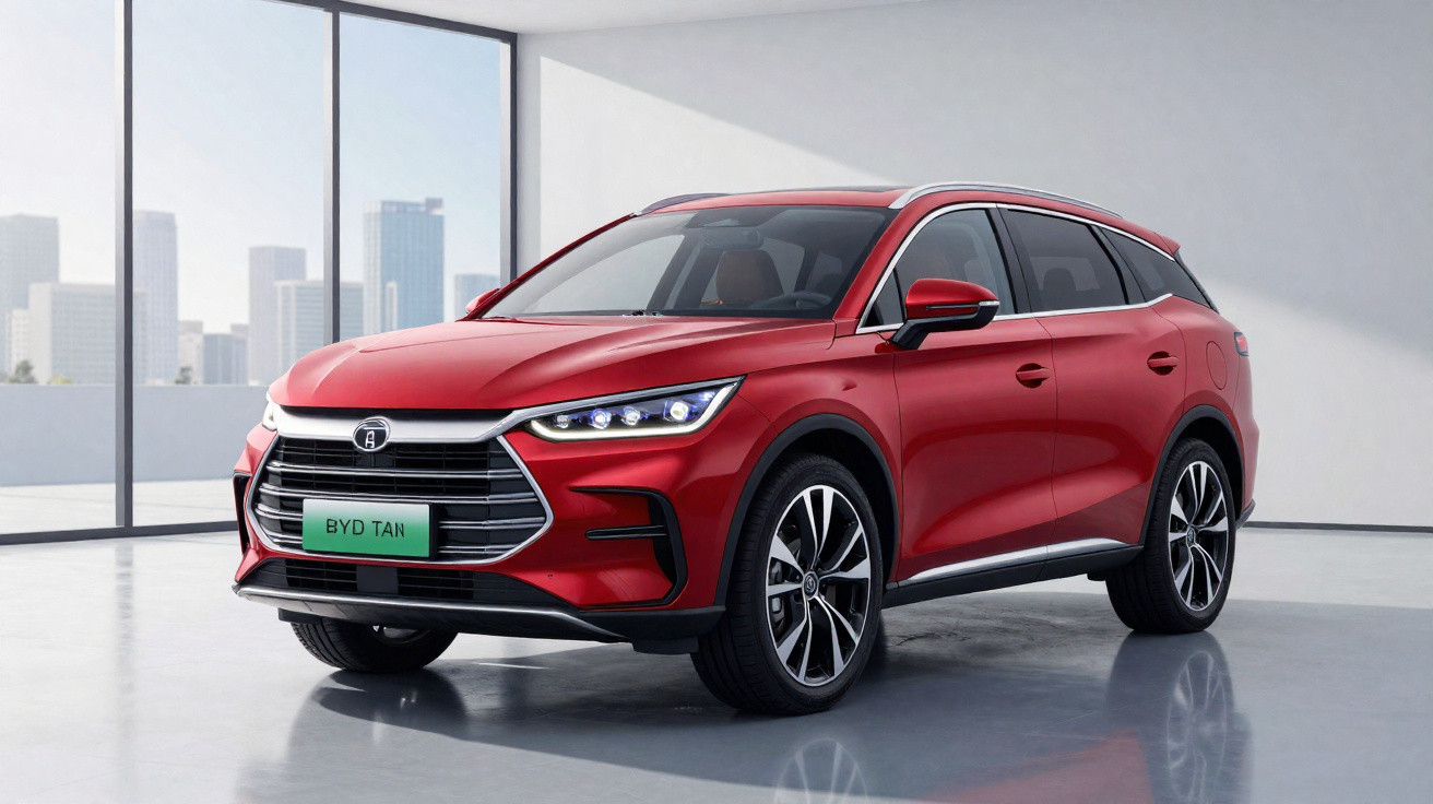 Automóvel SUV vermelho moderno estacionado em ambiente interior com janelas amplas e luz natural.