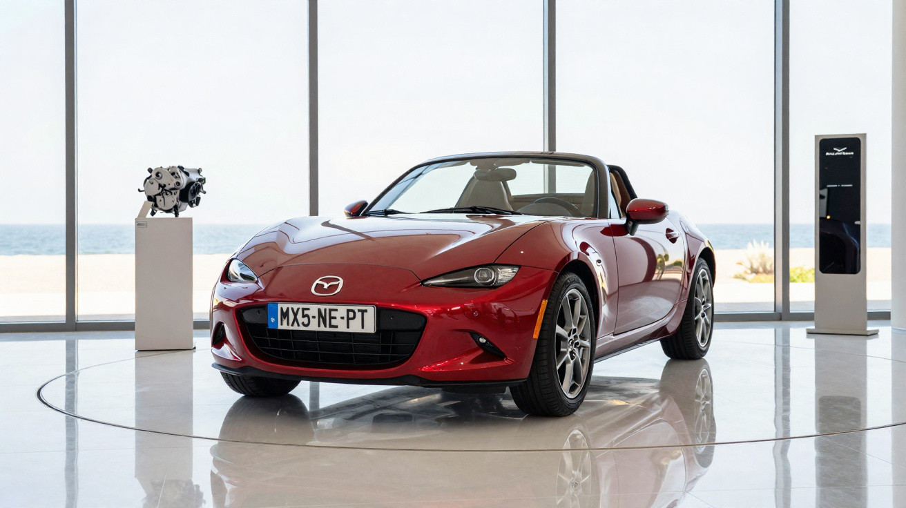 Carro desportivo descapotável vermelho Mazda MX-5 em exposição com vista para o mar ao fundo.