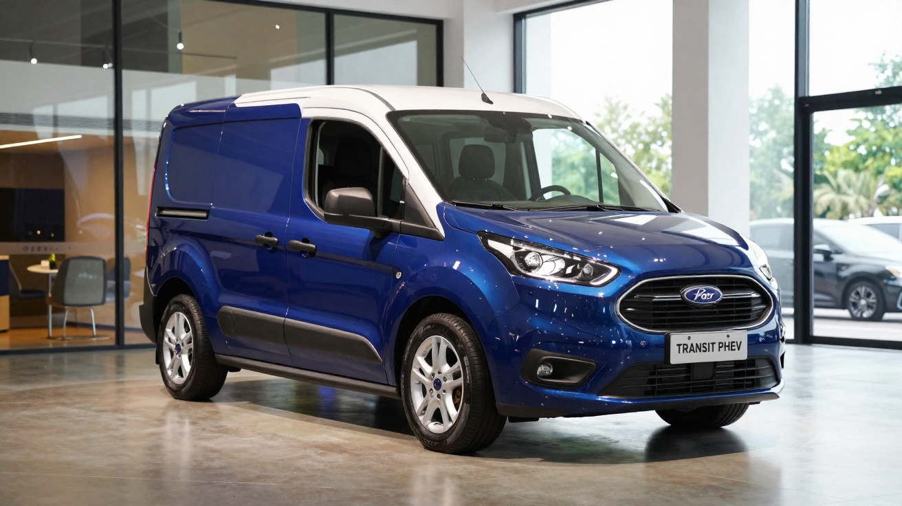 Automóvel Ford Transit PHEV azul e branco estacionado em espaço interior moderno.