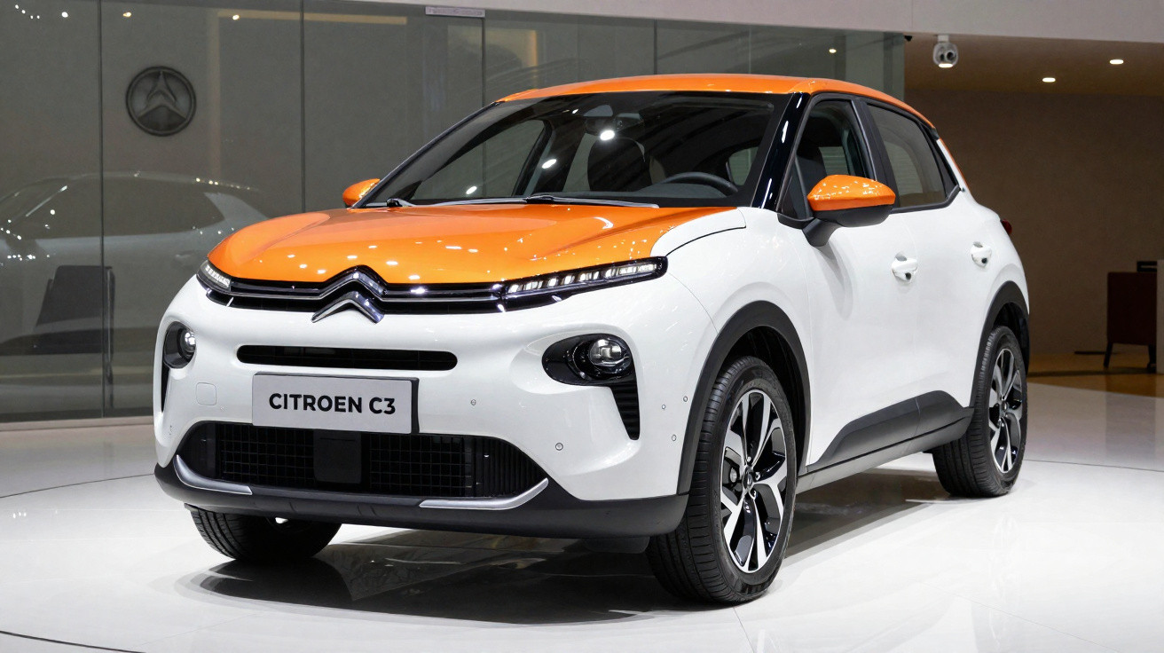 Citroën C3 branco com teto e capô laranja exibido em ambiente moderno e minimalista.