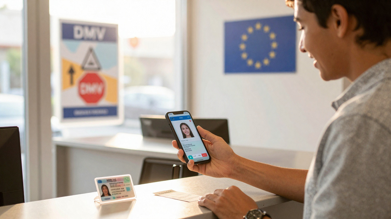 Jovem a verificar licença de condução digital num smartphone numa repartição do DMV.