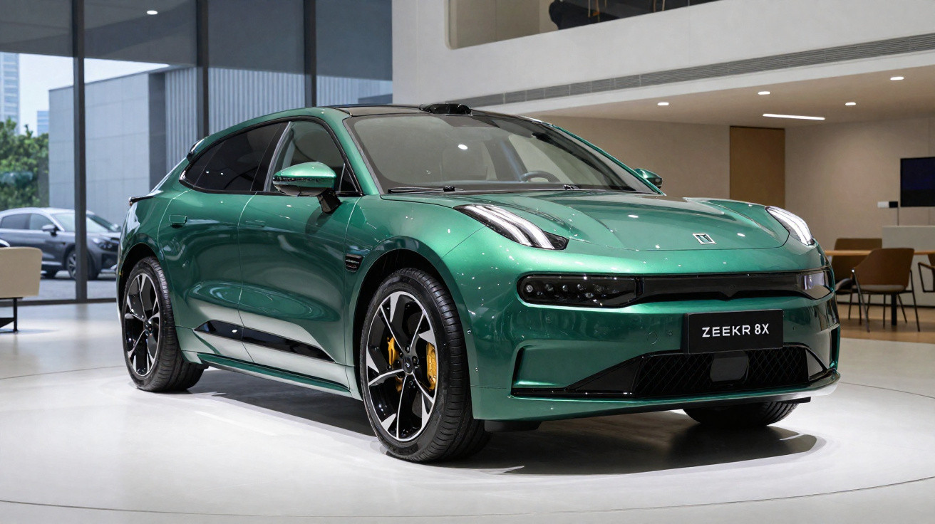 Carro elétrico verde ZEEK 8X estacionado em sala de exposição moderna com janelas grandes.