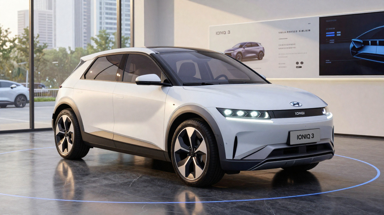 Carro elétrico branco Hyundai Ioniq 3 num espaço interior moderno com painéis informativos ao fundo.