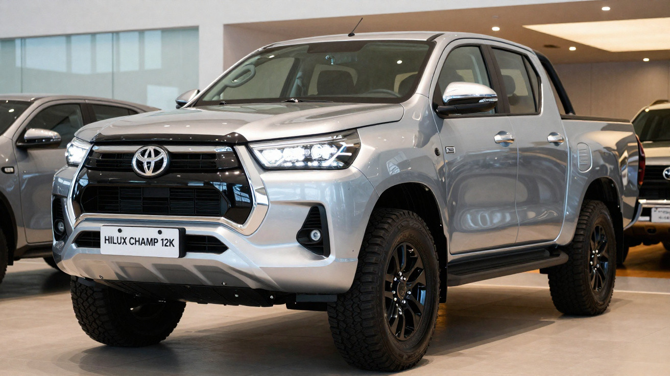 Pick-up Toyota Hilux Champ 12K prata exibida numa sala de exposição de veículos.