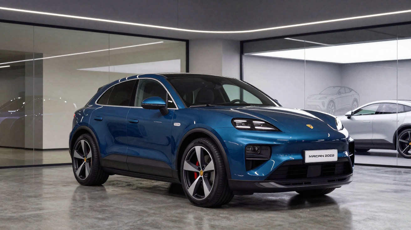 Carro SUV Porsche Macan azul 2022 estacionado em garagem moderna com parede espelhada.