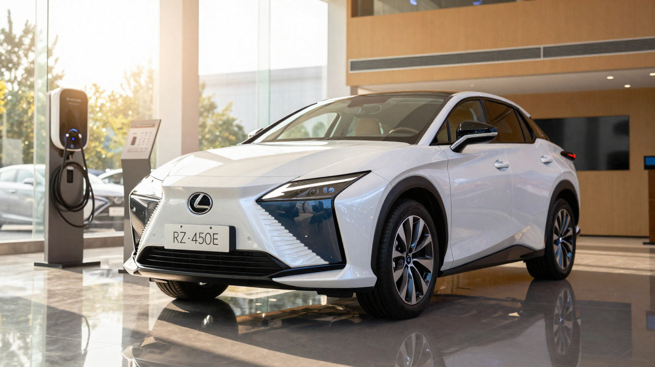 Carro elétrico Lexus branco modelo RZ-450E numa sala de exposição com estação de carregamento.