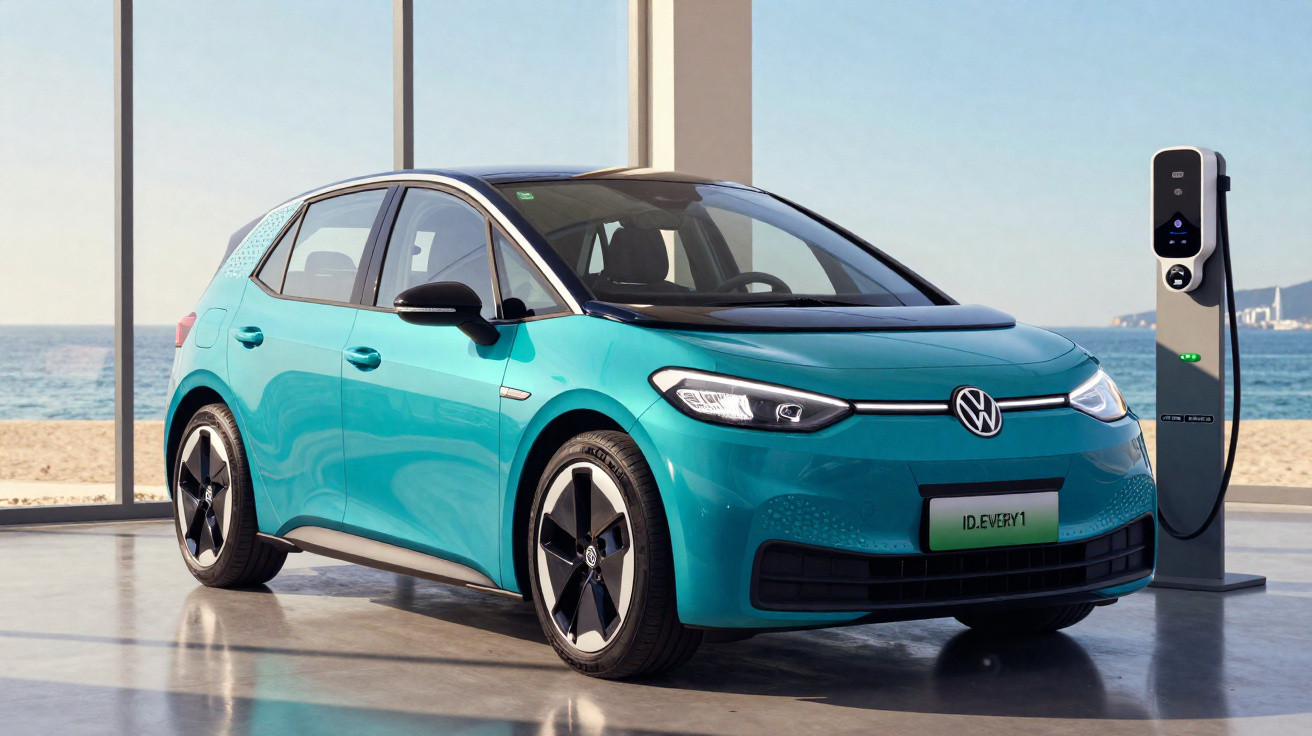 Carro elétrico Volkswagen ID.3 azul estacionado junto a posto de carregamento numa sala moderna com vista para o mar.