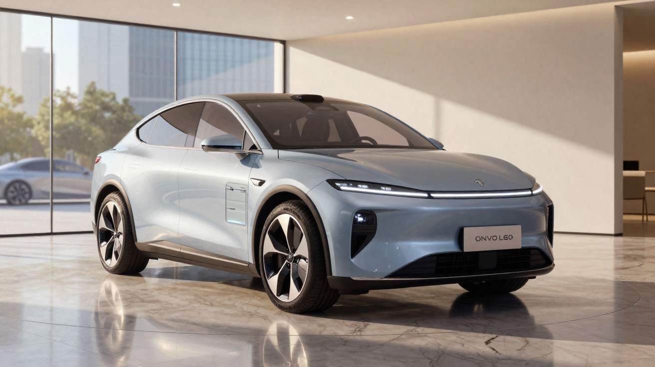 Carro elétrico cinza claro ONVO L60 num espaço interior moderno com parede de vidro e piso brilhante.
