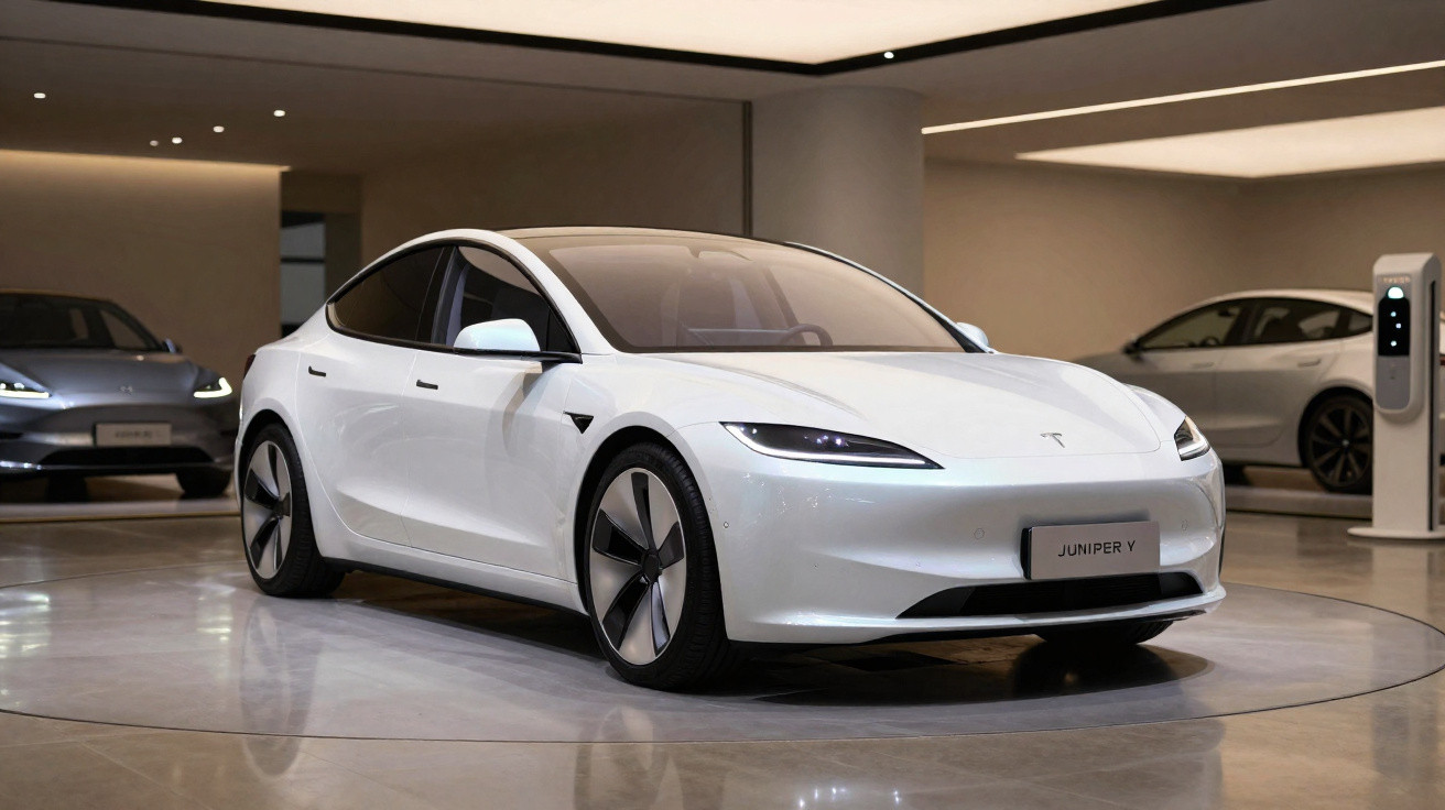 Carro elétrico branco Tesla Model Y estacionado em showroom com pontos de carregamento ao fundo.