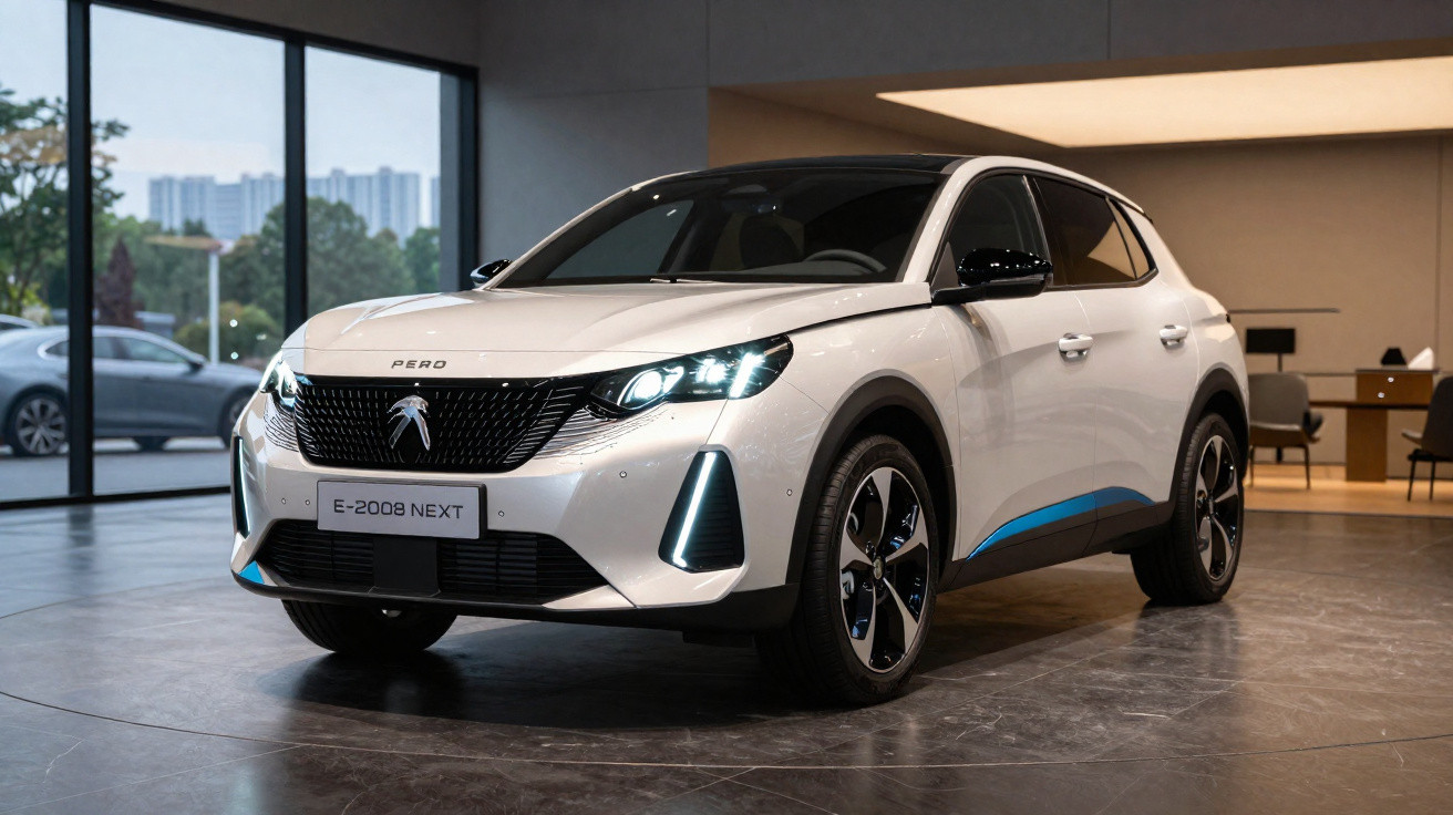 Peugeot 2008 NXT branco estacionado em interior moderno com luzes LED acesas e vidro panorâmico.