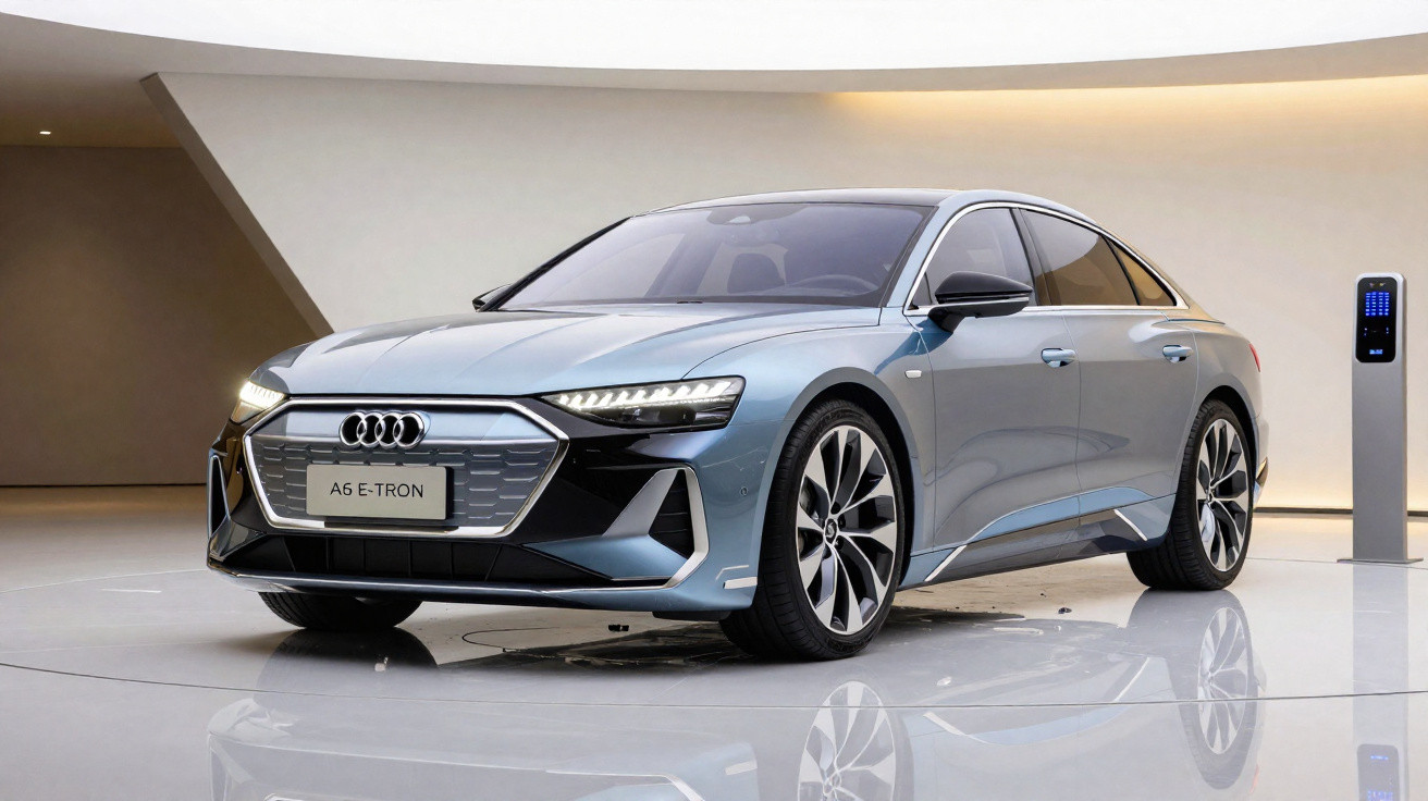 Automóvel elétrico Audi A6 e-tron em exposição num espaço moderno e minimalista com paredes brancas.