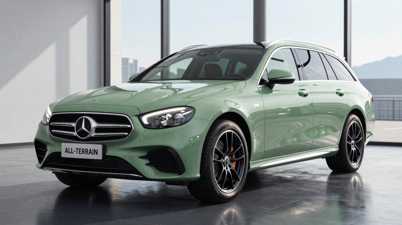 Automóvel Mercedes-Benz All-Terrain verde metálico em showroom moderno com piso cinzento.