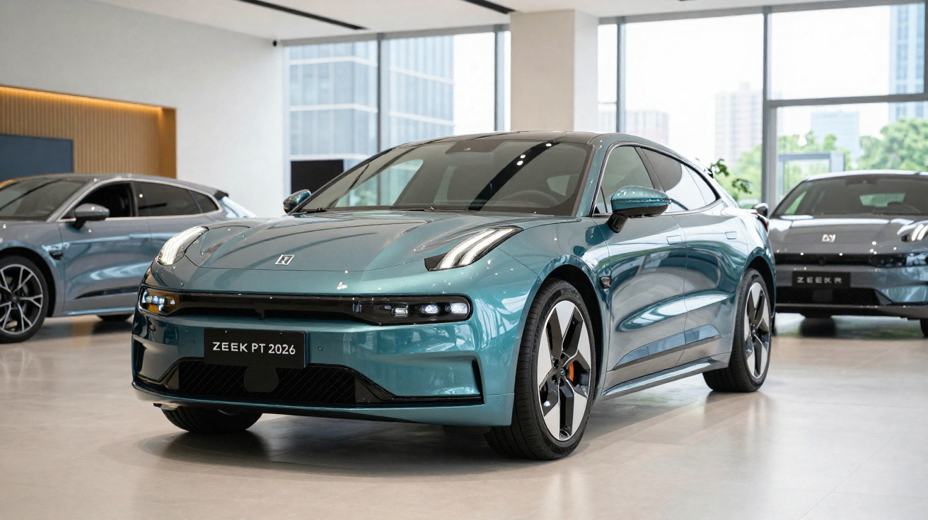 Carro elétrico desportivo azul claro exposto num showroom moderno com outros veículos ao fundo.