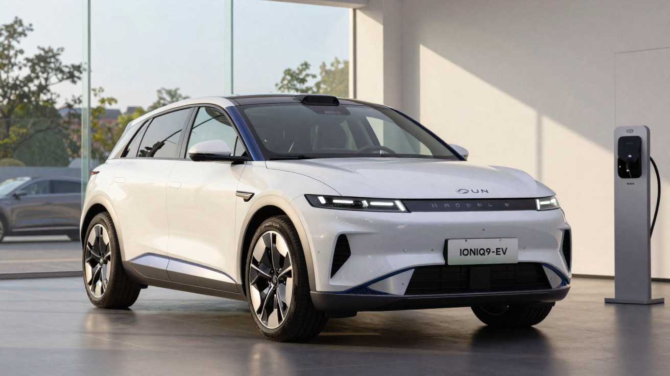 Carro eléctrico branco modelo IONIQ 9 EV a carregar numa estação dentro de uma garagem moderna.