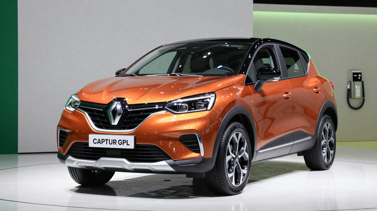 Renault Captur laranja com teto preto, em exposição interior, junto a posto de carregamento elétrico.