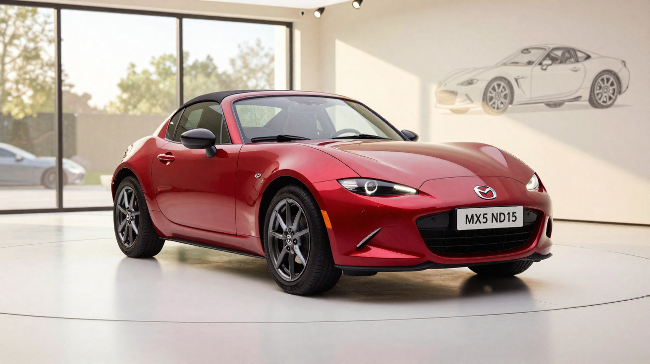 Carro desportivo vermelho Mazda MX-5 estacionado em sala de exposição moderna com janela grande.