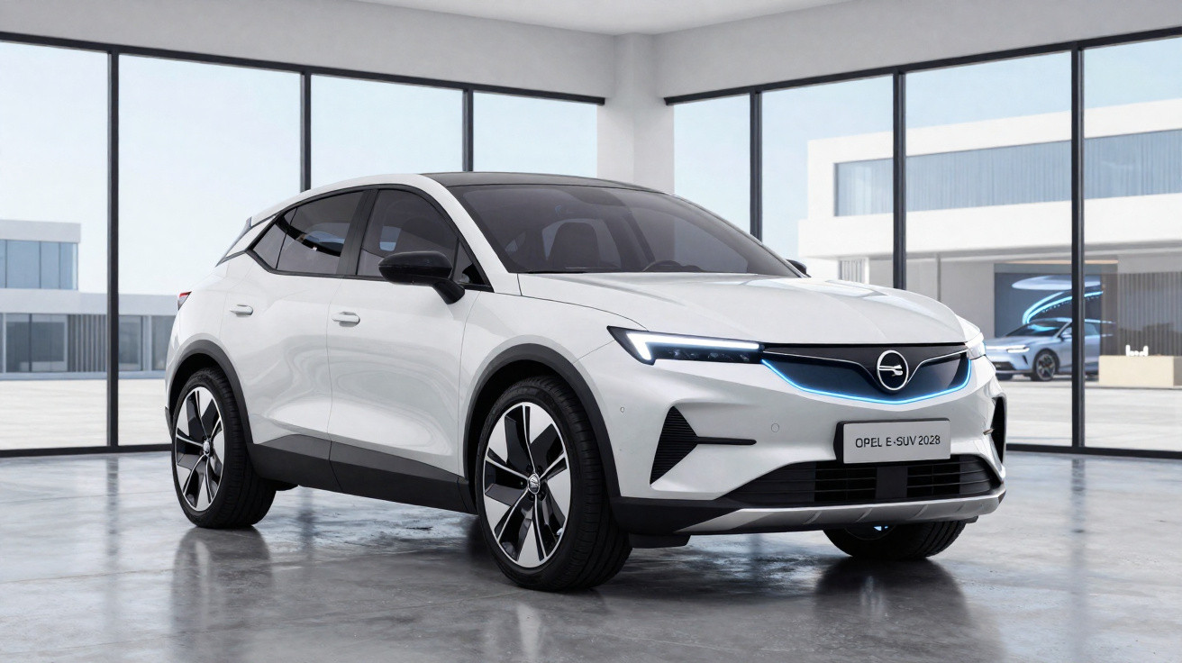 Carro Opel elétrico branco modelo E-SUV 2028 em espaço moderno com grandes janelas e chão de cimento.