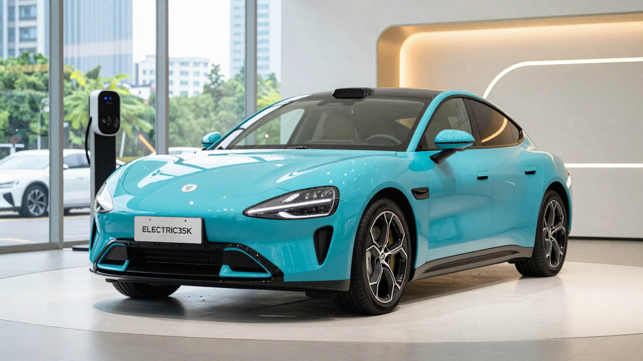 Carro elétrico azul moderno estacionado numa sala com carregadores elétricos ao fundo.