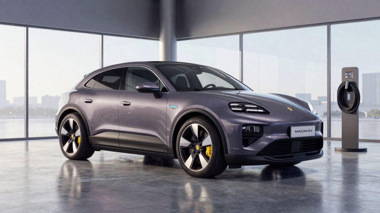Carro elétrico cinzento Porsche Macan EV estacionado em garagem moderna com carregadores elétricos.