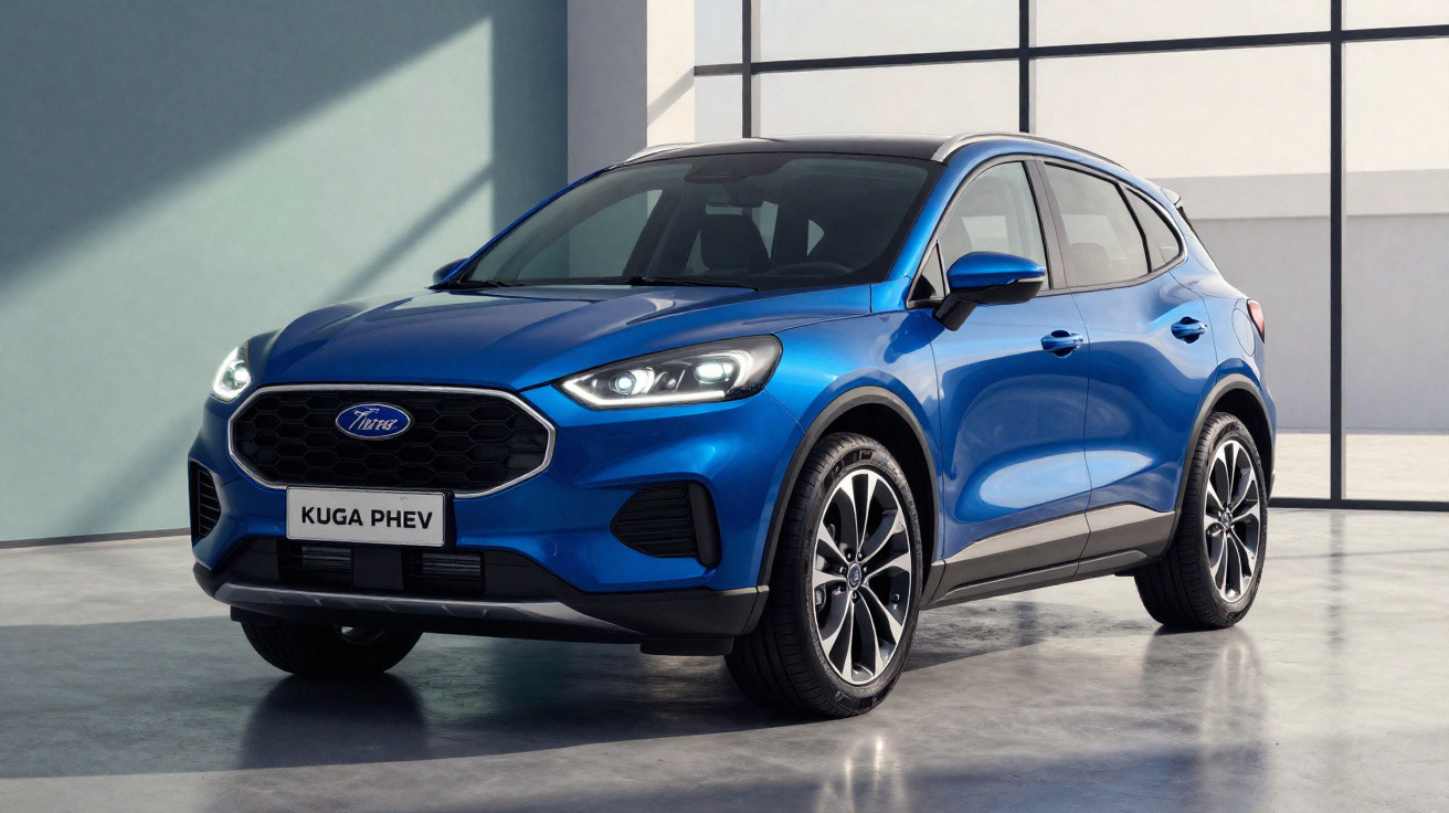 Carro azul Ford Kuga PHEV em exposição num espaço interior moderno.