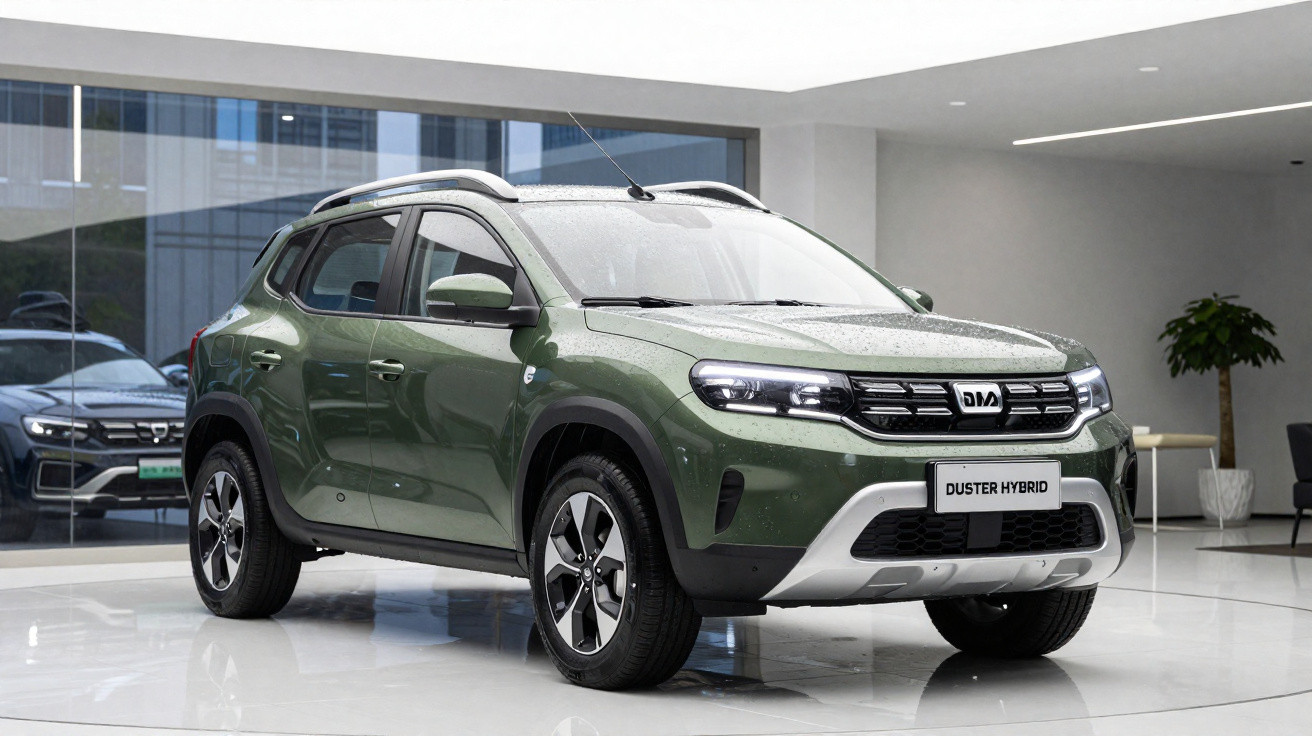 Carro SUV verde Duster Hybrid estacionado num interior moderno com piso branco e grandes janelas.