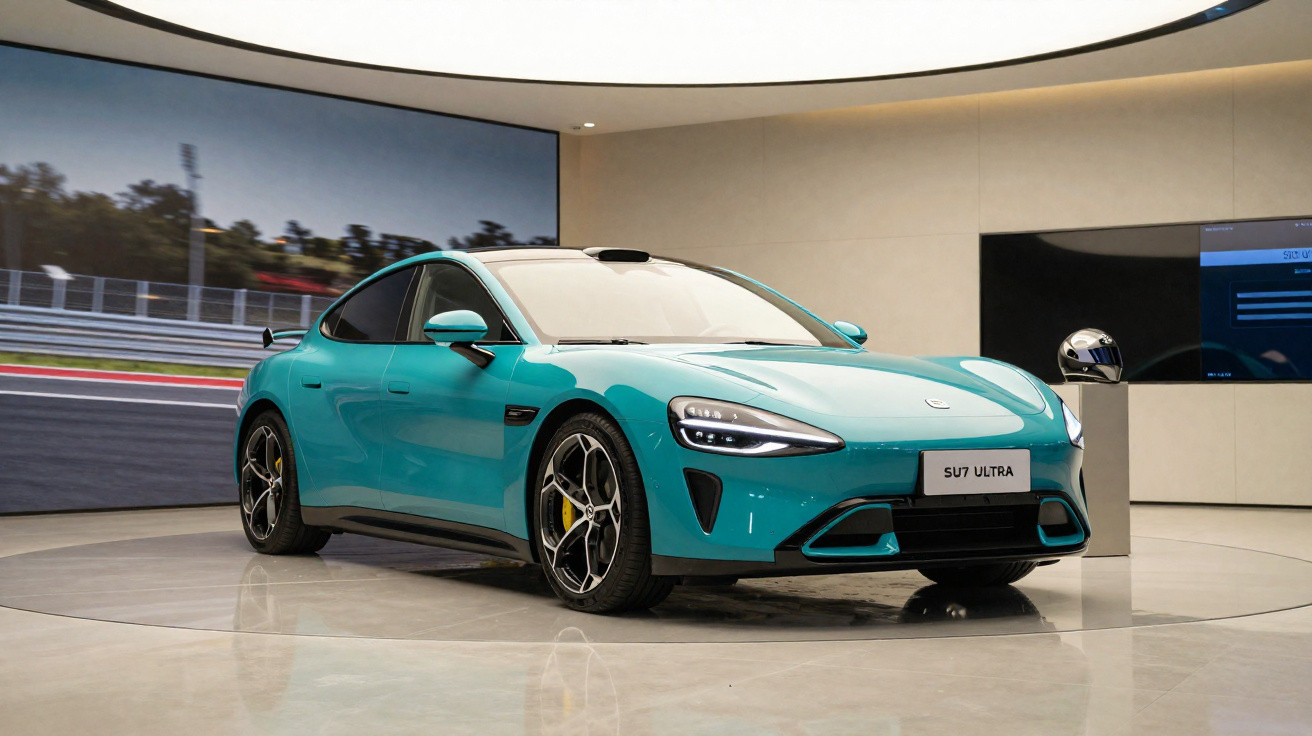 Carro elétrico desportivo azul-água em exposição num showroom moderno e bem iluminado.
