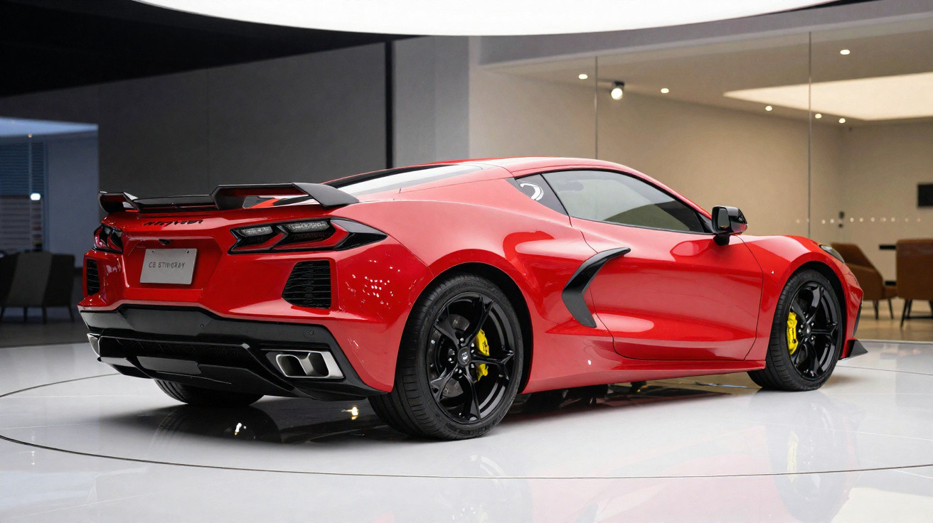 Carro desportivo vermelho com jantes pretas e travões amarelos em exposição interior.