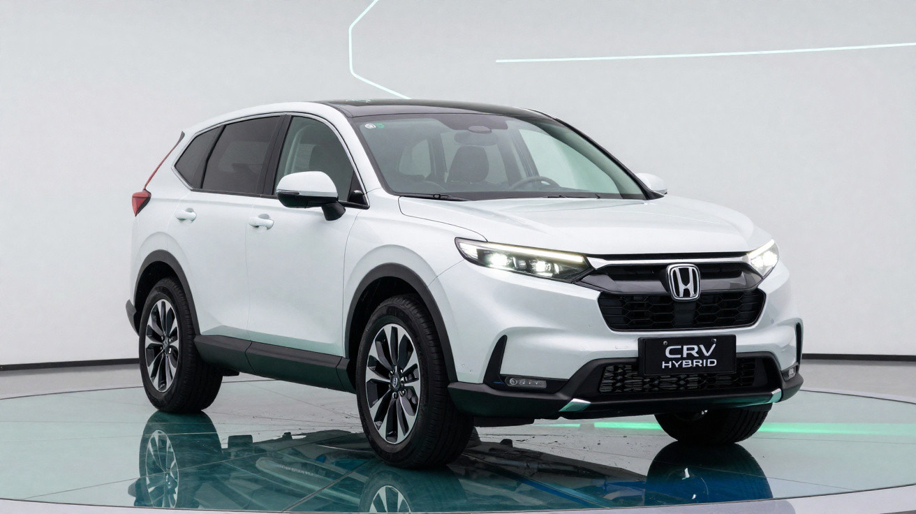 Honda CR-V híbrido branco visto de frente, num estúdio com fundo claro.