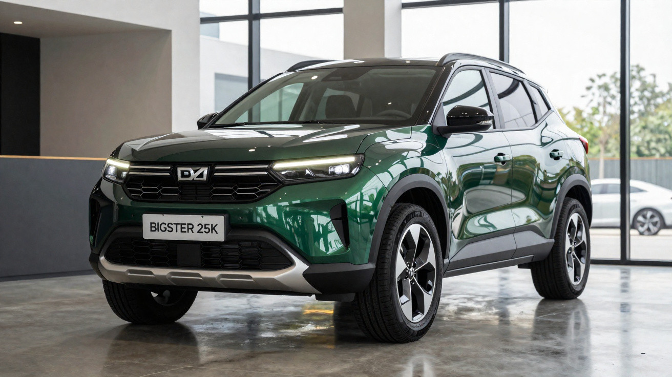 Carro SUV verde metálico Bigster 25K estacionado em interior moderno com chão de cimento polido.
