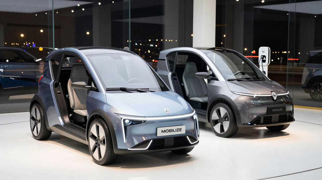Dois carros elétricos compactos Renault Mobilize estacionados em ambiente interior moderno, à noite.