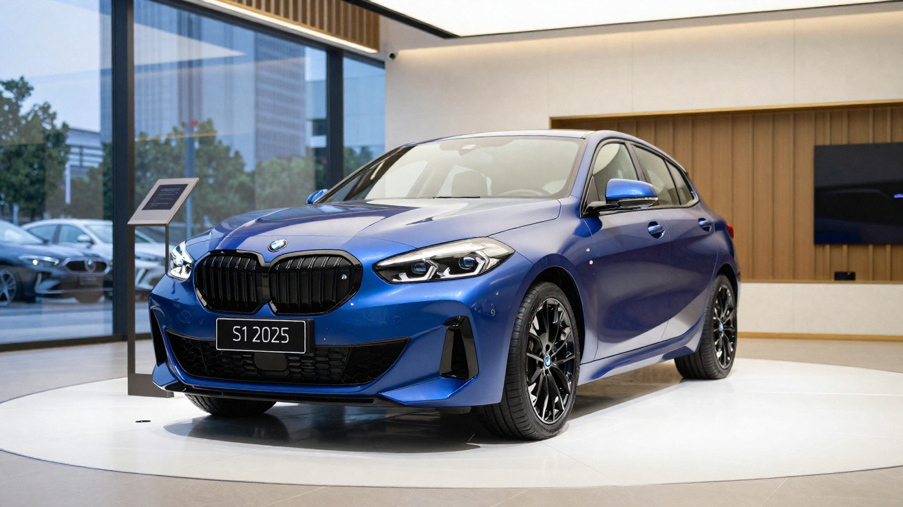 Carro BMW azul modelo 2025 exposto em sala moderna com chão branco e paredes claras.