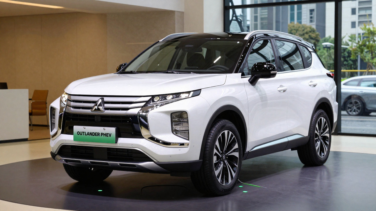Carro SUV Mitsubishi Outlander PHEV branco em exposição numa sala moderna.