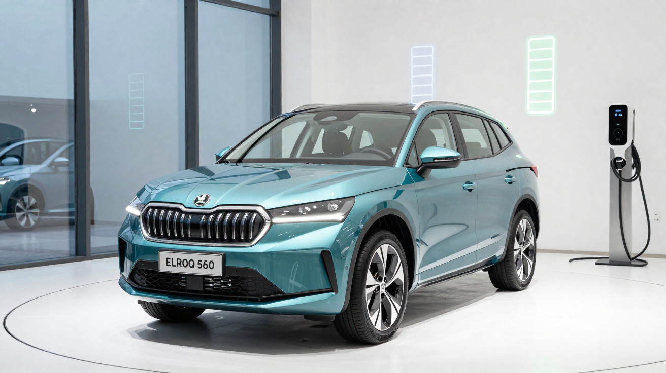 Veículo elétrico azul-esverdeado Škoda Enyaq iV ELROQ 560 estacionado em espaço interior com carregador elétrico à parede.