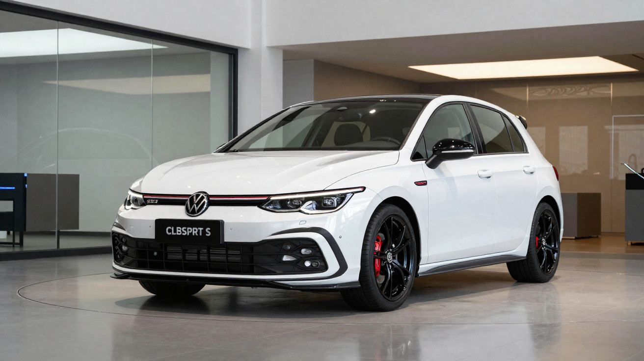 Carro Volkswagen Golf GTI branco estacionado em showroom com rodas pretas e detalhes vermelhos.