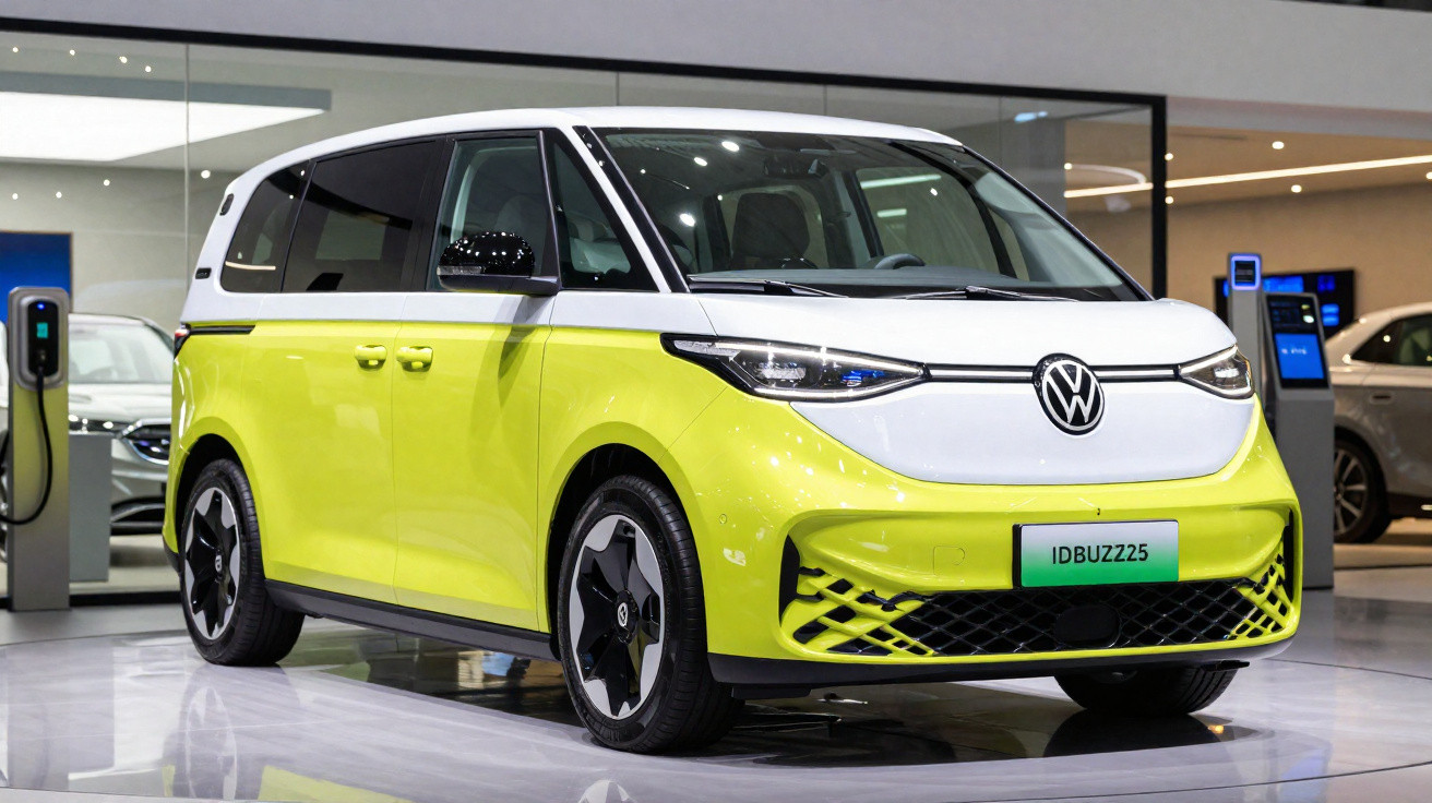 Volkswagen ID.Buzz elétrico de dois tons amarelo e branco em exposição interior moderna.