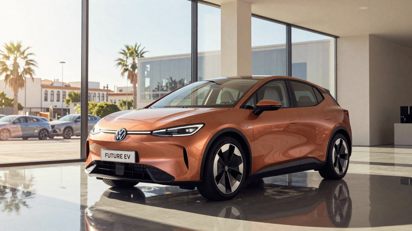 Carro elétrico Volkswagen Future EV laranja em showroom com janelas amplas e palmeiras ao fundo.