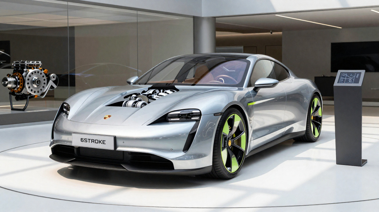 Carro desportivo prateado com motor visível no capô exposto em showroom moderno.