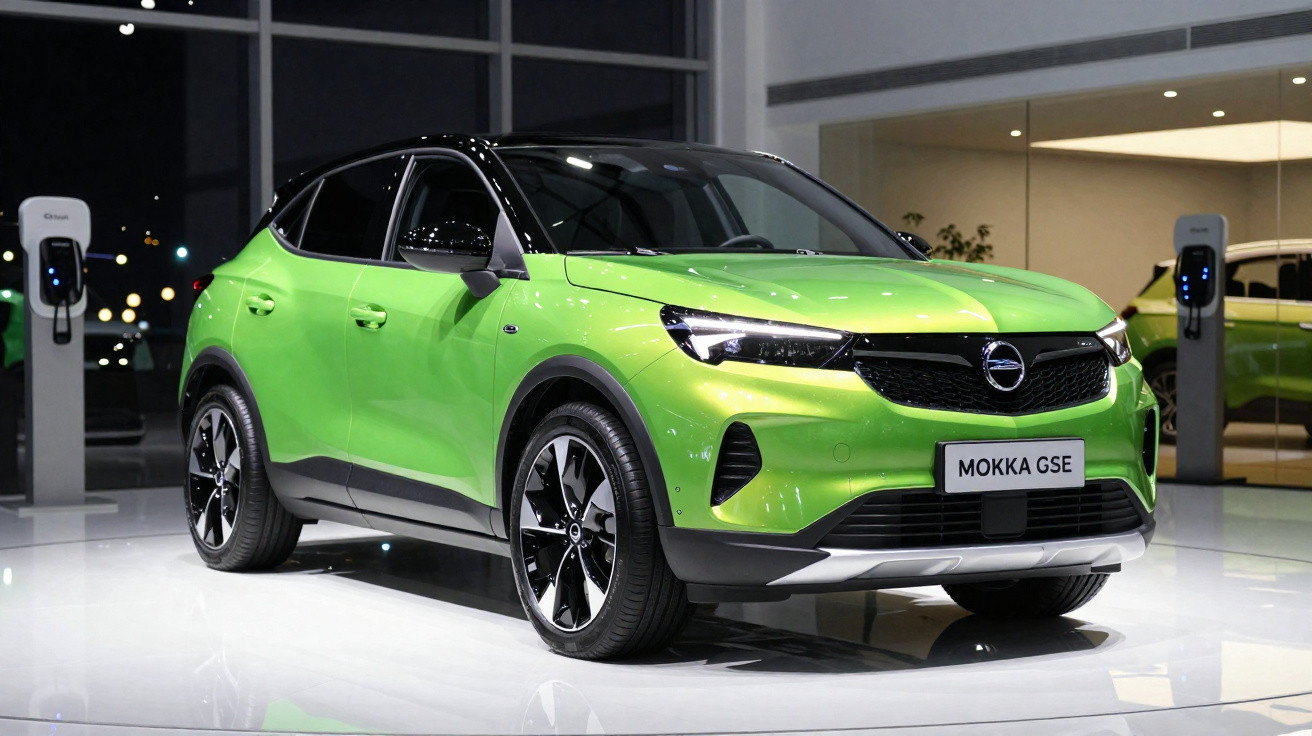 Carro SUV Opel Mokka GSE verde lima com teto preto em exposição num salão automóvel.