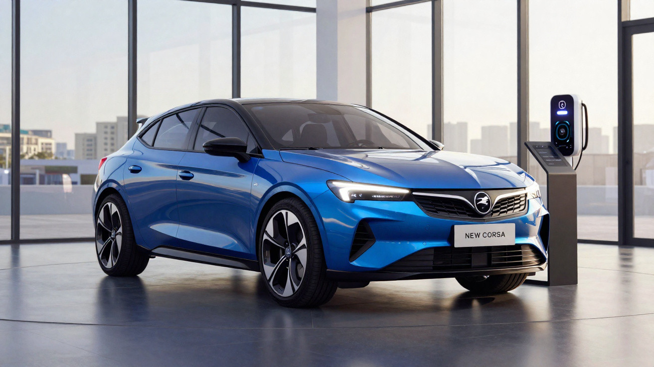 Carro elétrico azul Opel New Corsa exibido em salão moderno com janelas grandes e estação de carregamento.