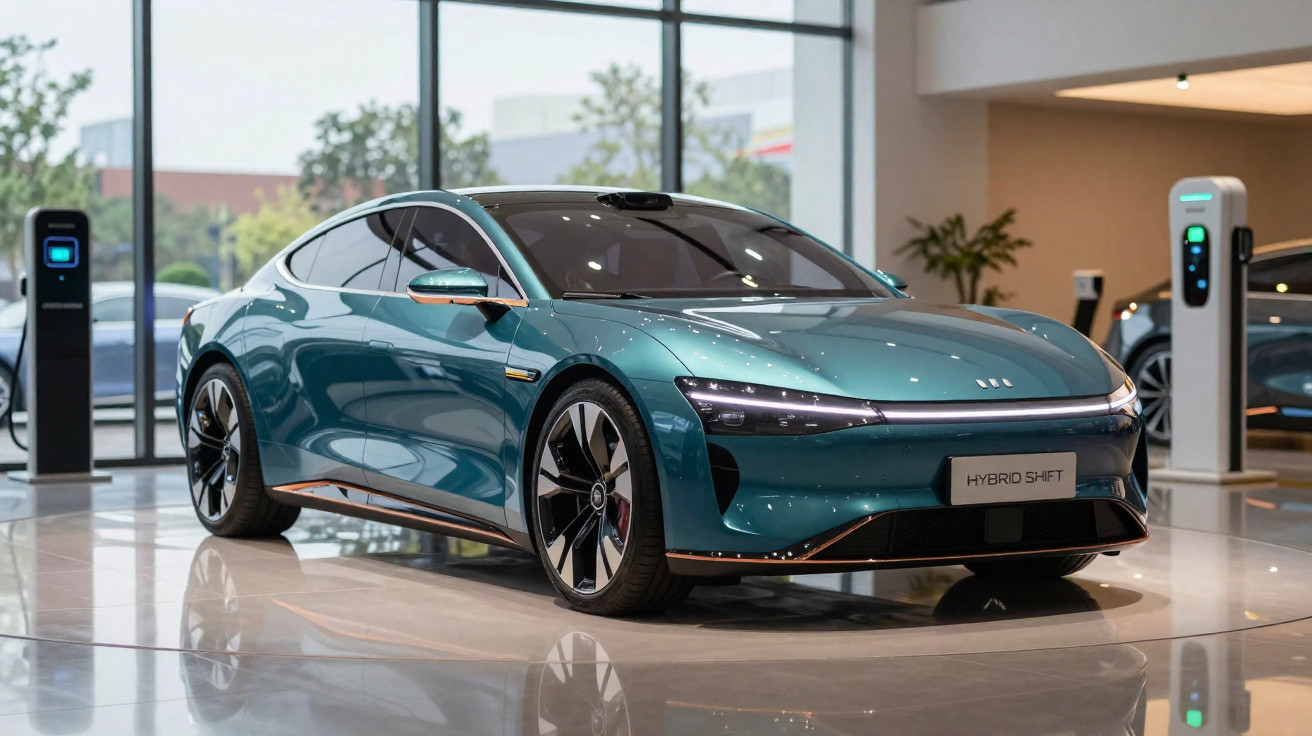 Carro eléctrico de luxo azul em exposição numa sala moderna com carregadores elétricos ao redor.
