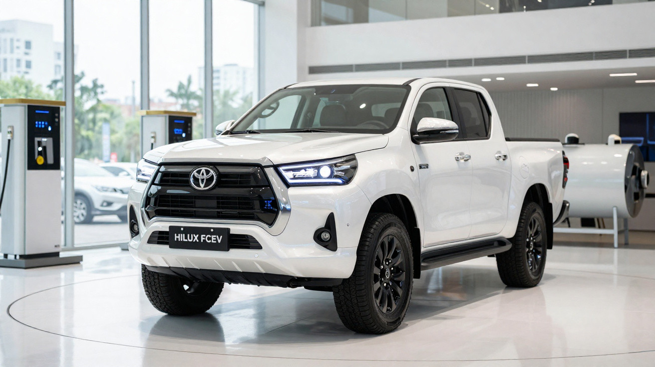 Pickup branca Toyota Hilux FCEV em exposição num salão automóvel moderno.