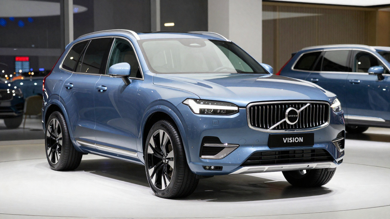 Carro SUV Volvo Exsion azul metalizado exibido numa feira automóvel com iluminação interior.
