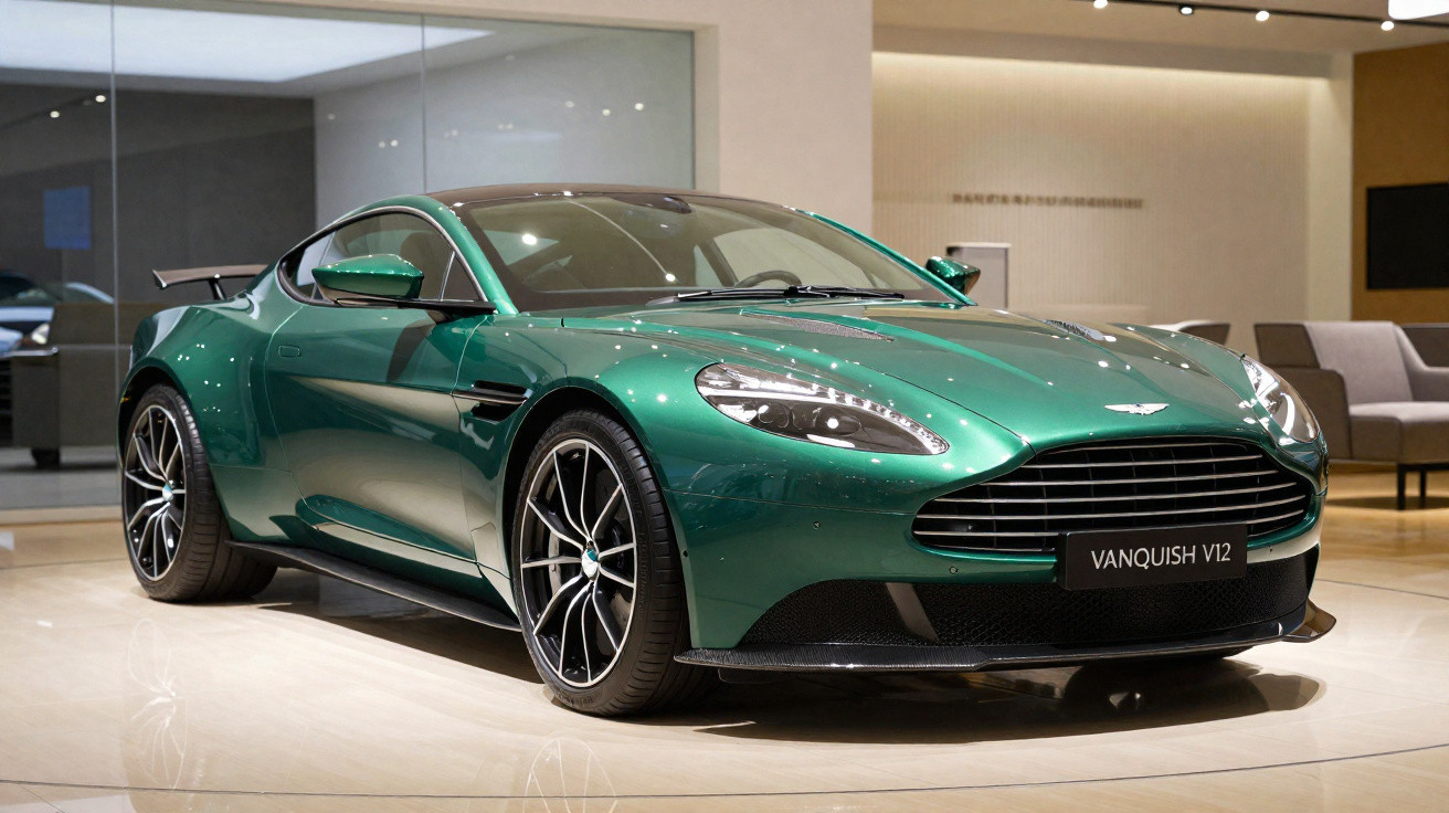 Carro desportivo Aston Martin Vanquish V12 verde exposto num showroom moderno.