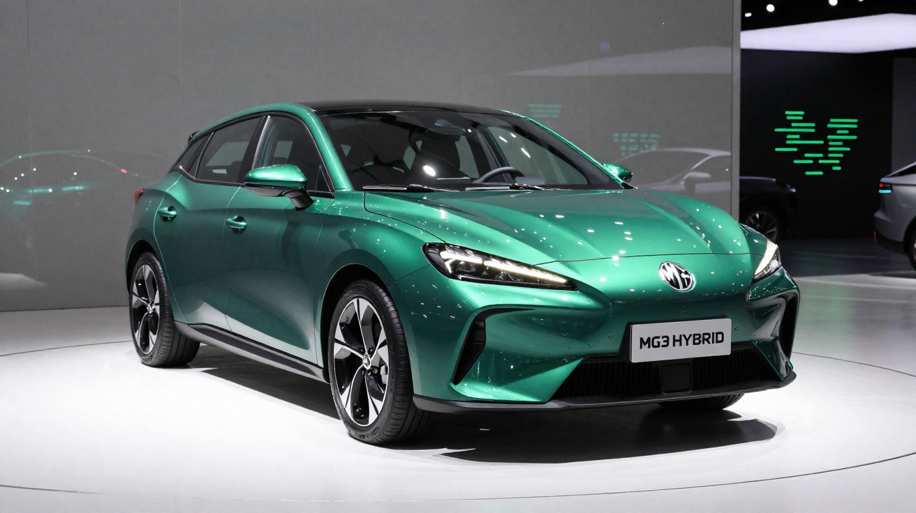 Carro híbrido MG3 verde exposto em plataforma circular branca num ambiente moderno e minimalista.