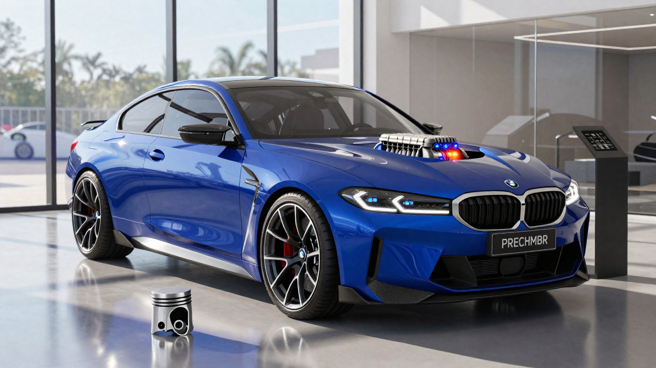 Carro BMW azul desportivo com motor exposto no capô, apresentado numa sala com janelas grandes.
