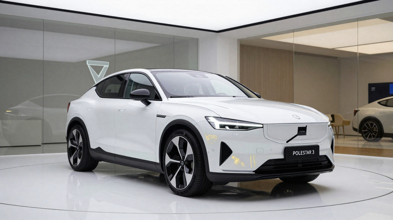 Carro elétrico branco Polestar 3 num showroom moderno e minimalista com vidro e cadeiras.