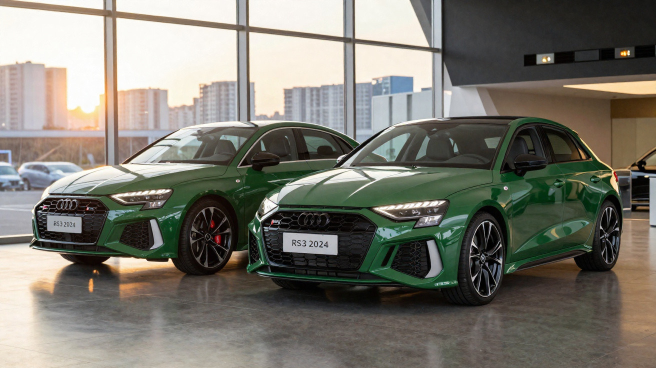 Dois carros Audi RS3 2024 verdes expostos em showroom com vidro e edifícios ao fundo.